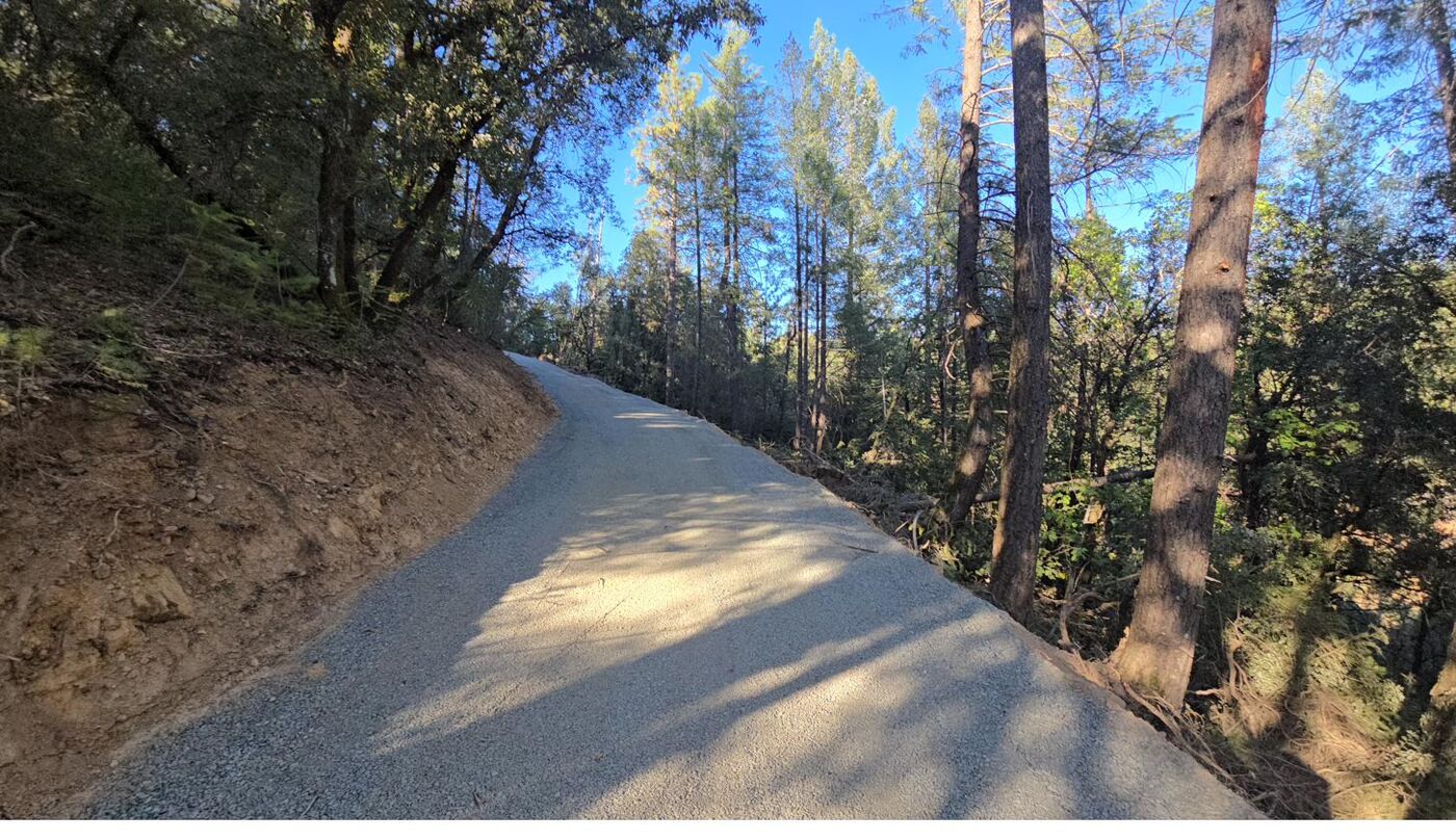 Freshly cut single-lane gravel road climbing through forest, cut bank on the uphill side
