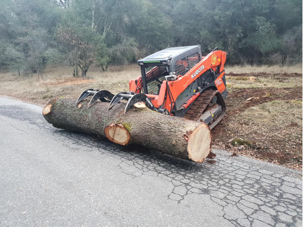 Large oak log handled with grapple attachment during tree removal