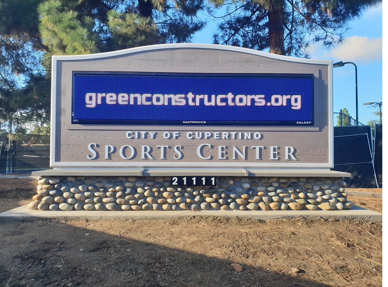 Cupertino Sports Center monument sign with stone base built by Green Constructors